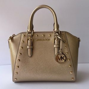 NWOT MICHAEL KORS Saffiano Leather Gold Studded Ciara Satchel & Crossbody bag